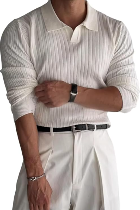Ribbed Knit Polo Shirt for Men