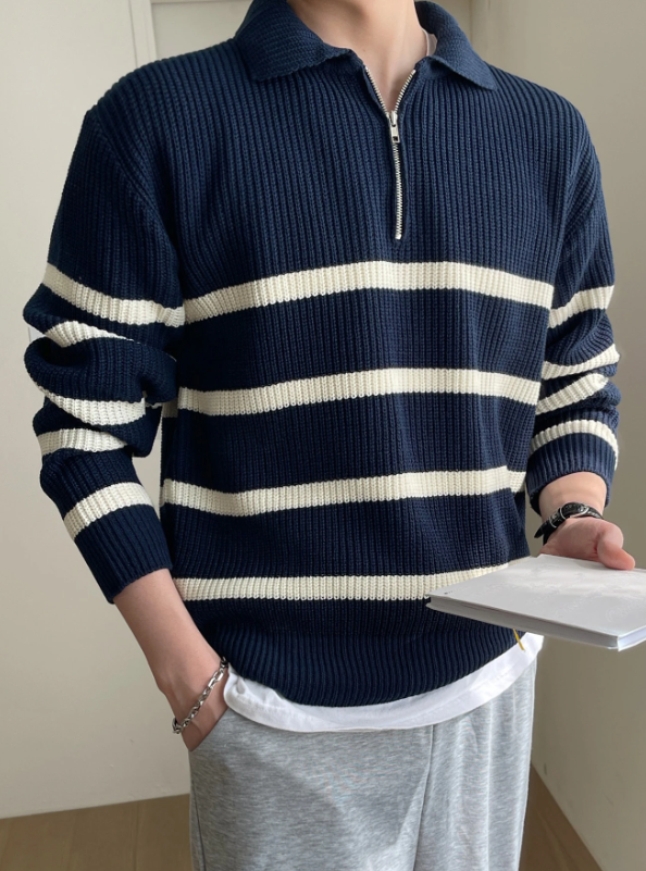 Striped Half-Zip Knit Sweater for Men