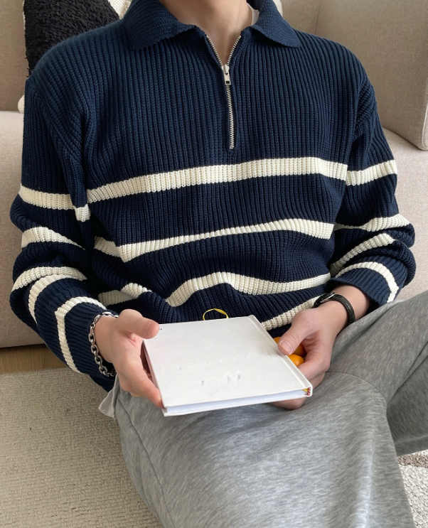 Striped Half-Zip Knit Sweater for Men