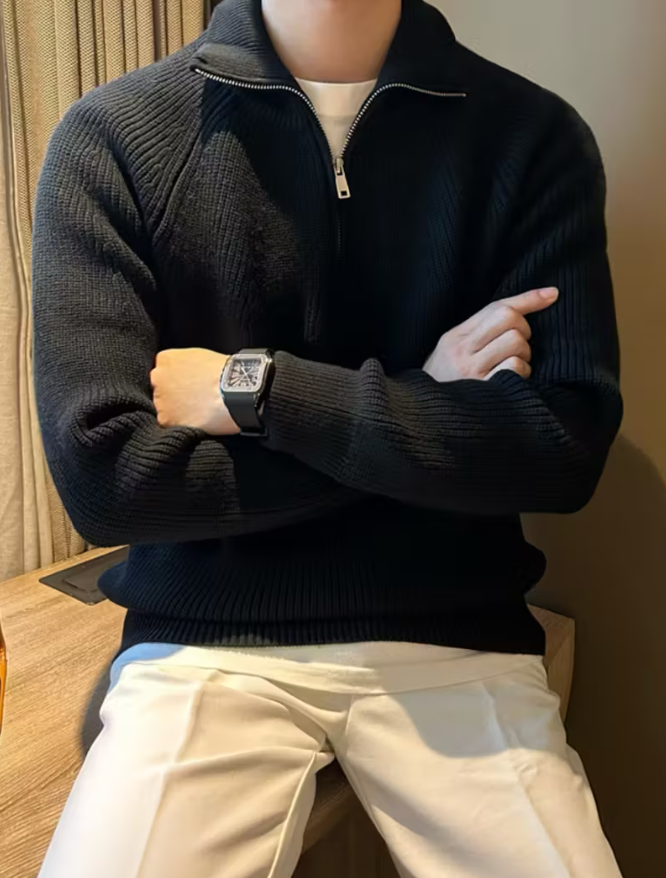Textured Zip Collar Sweater for Men